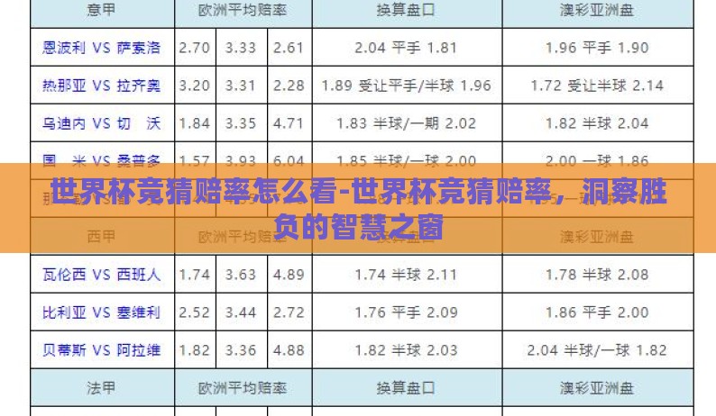 世界杯竞猜赔率怎么看-世界杯竞猜赔率，洞察胜负的智慧之窗
